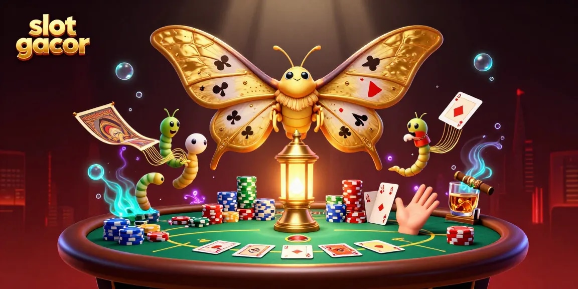 Experience slot gacor excitement with a vibrant, lively casino scene featuring golden moths and poker elements.