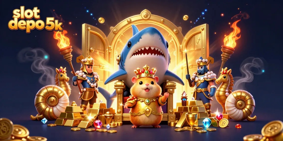 Experience thrills with slot depo 5k, featuring a golden hamster king amid treasure and excitement.