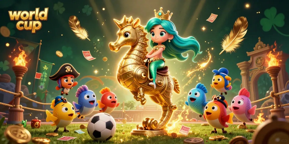 Engage in thrilling world cup betting action with colorful mermaid and seahorse characters.