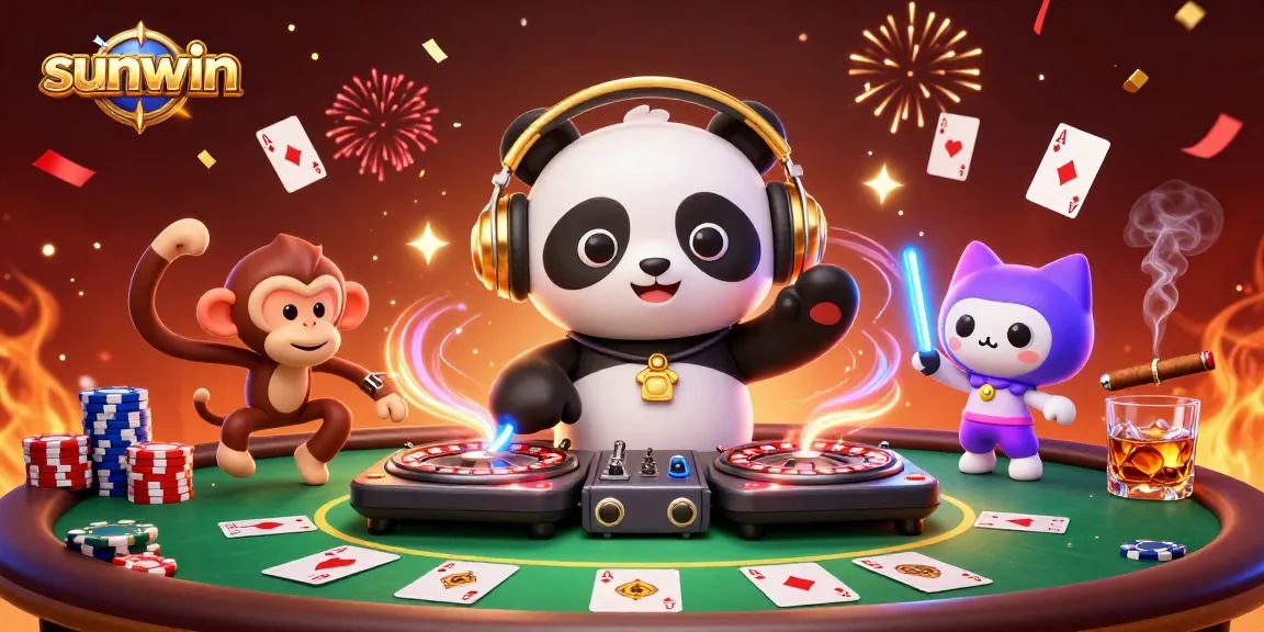 Celebrate casino excitement with sunwin featuring 3D DJ panda and vibrant game elements.