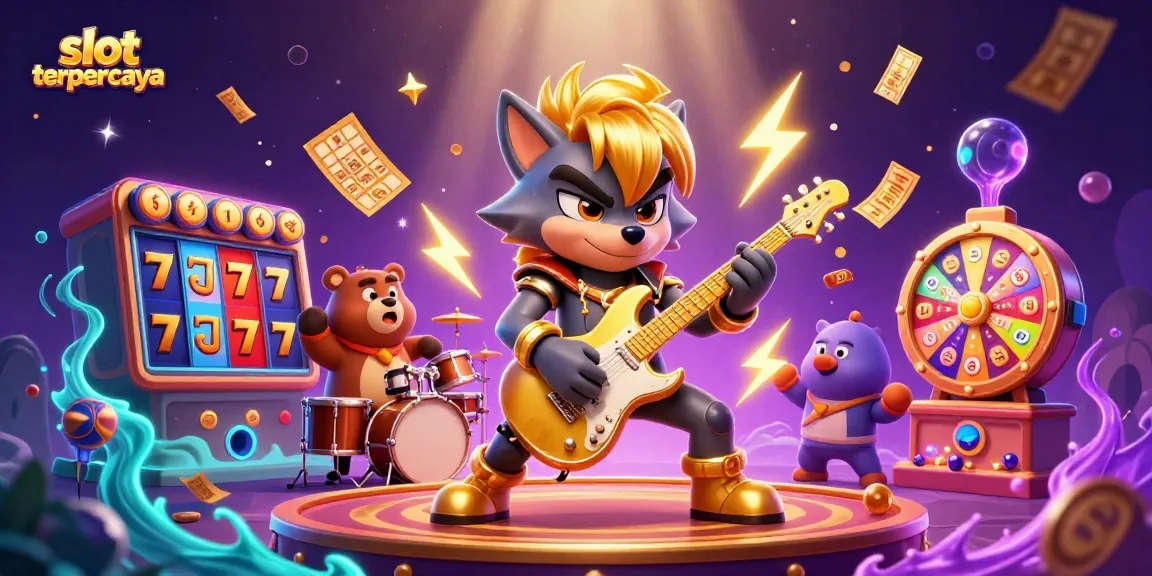 Experience the thrilling "slot terpercaya" scene with a rock star wolf and dynamic casino elements.