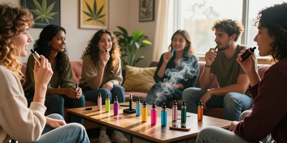 Group enjoying thc vapes in a cozy lounge with stylish decor.