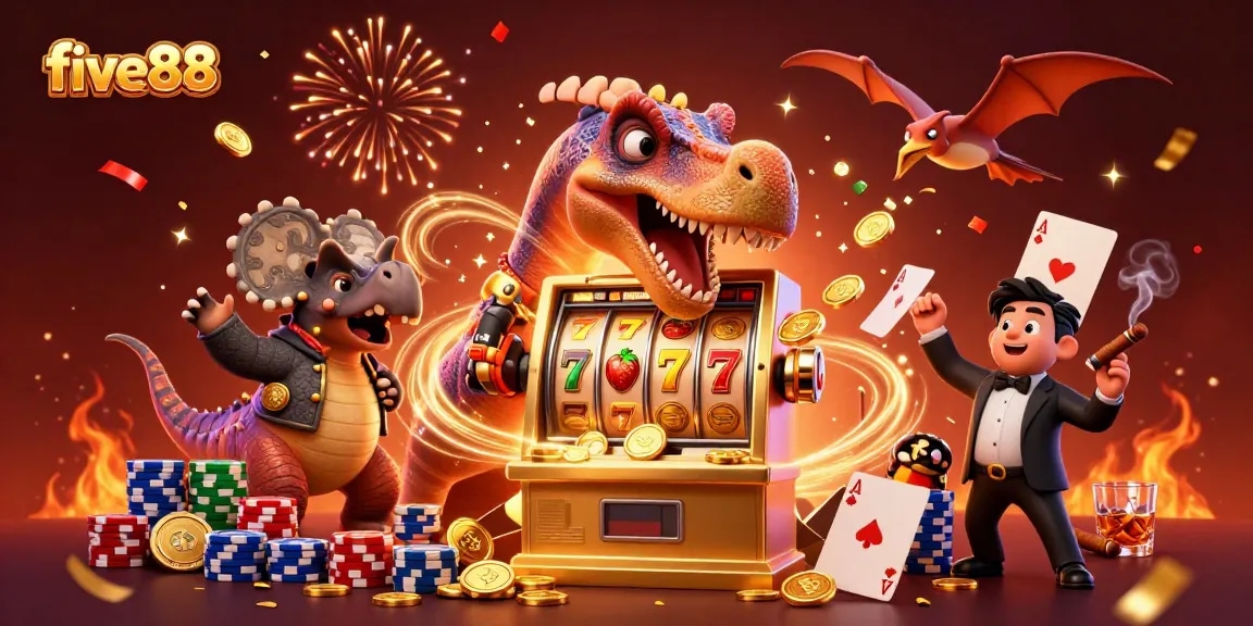 Get ready to win at five88 with a pachycephalosaurus hitting a golden slot machine for jackpot coins!