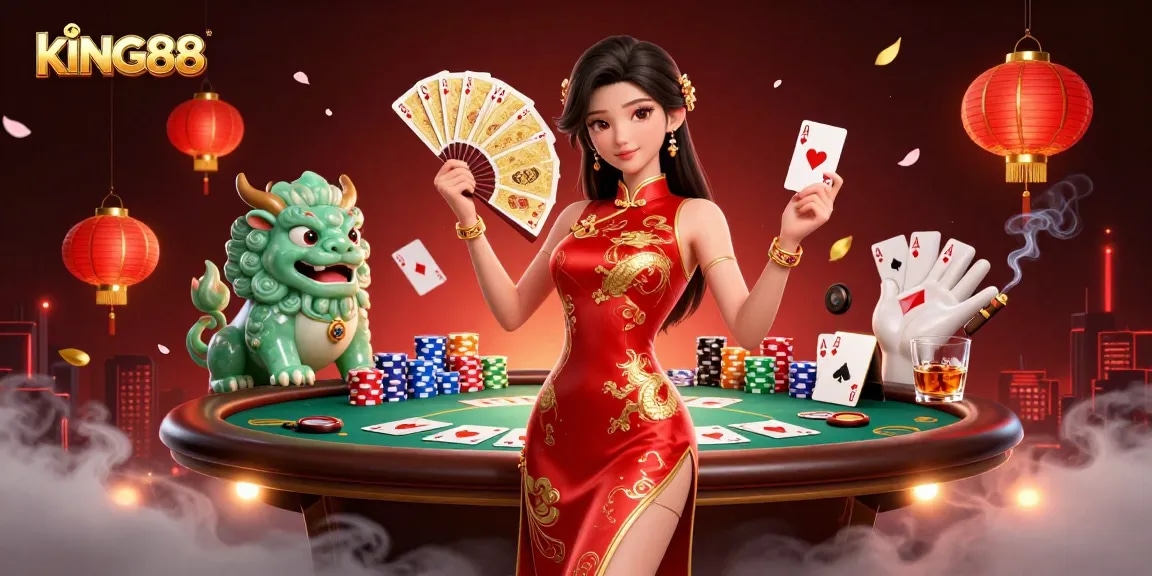 Engage with kING88 and experience thrilling poker action in an enchanting 3D casino scene.