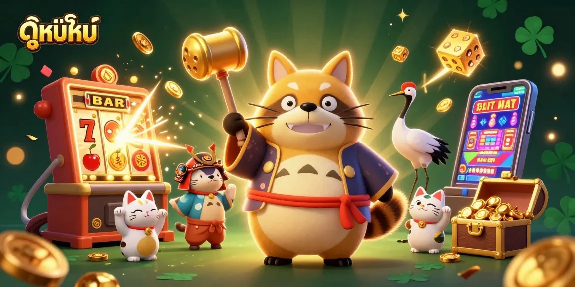 Play ดูหนังใหม่ with cheerful tanuki in a vibrant casino scene, featuring lucky symbols and fireworks.