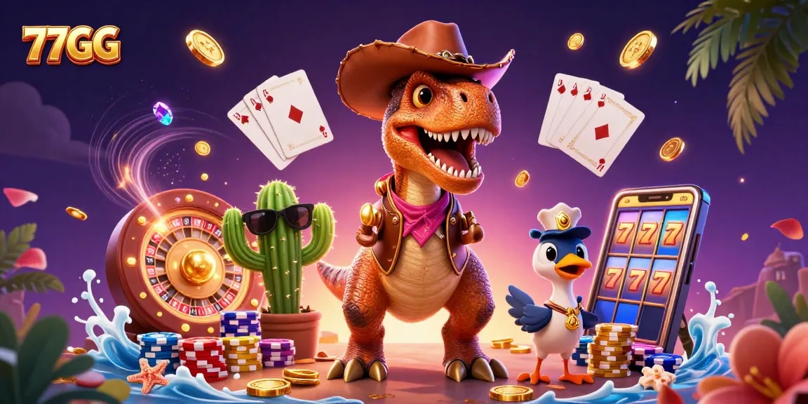 Engage in thrilling 77GG casino action with a T-Rex dinosaur and colorful game elements.