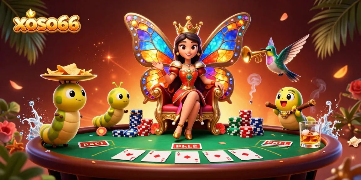Experience the excitement of xoso66 with vibrant 3D characters, poker elements, and rich casino atmosphere.