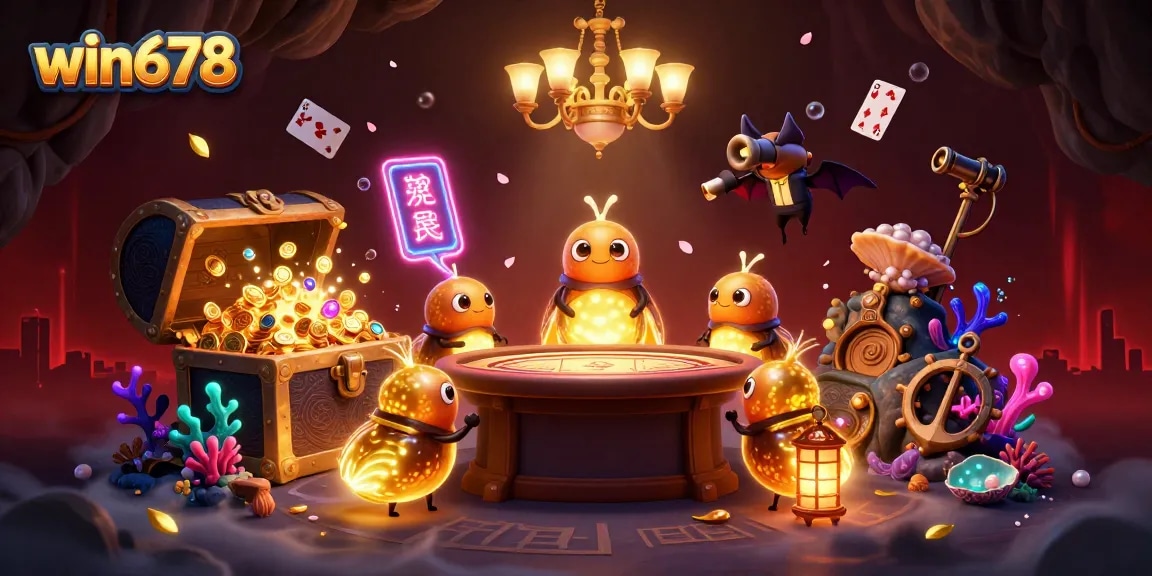Win678 casino illuminated by glowworm team with rich gold elements and vibrant gaming accessories