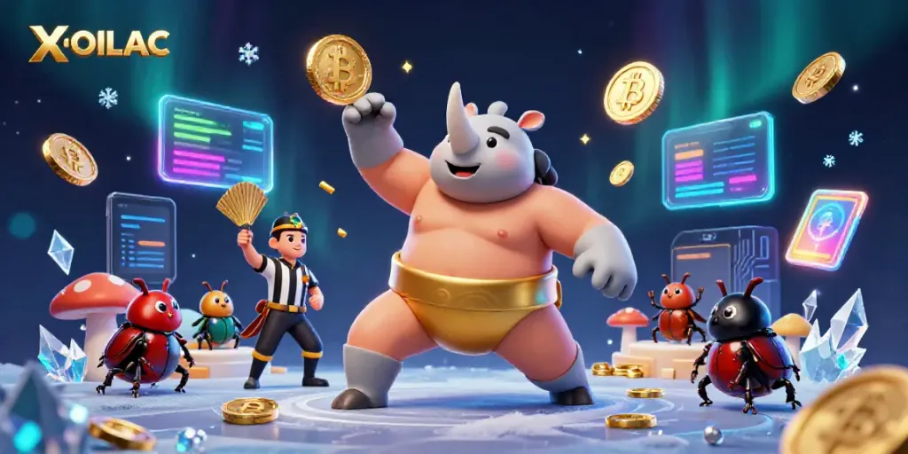 Experience the thrilling action of XOILAC as the sumo champion beetle stomps and sends coins flying in a vibrant online casino environment.