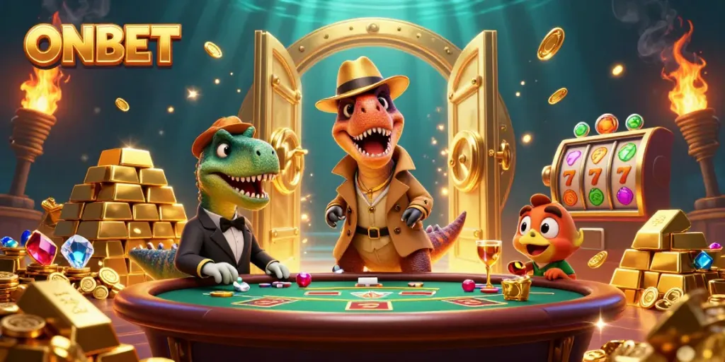 Experience the thrill of ONBET with cartoon dinosaurs in a vibrant casino setting.