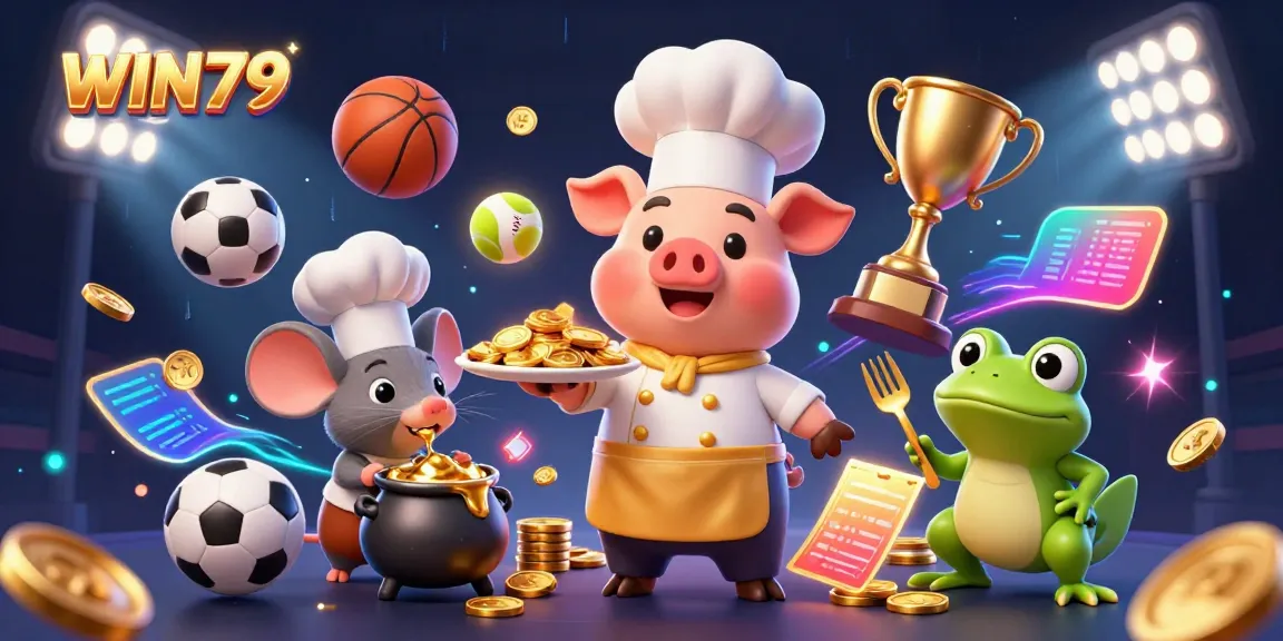 WIN79 showcases a vibrant 3D casino scene featuring characters and gold coins, emphasizing its thrilling gameplay.