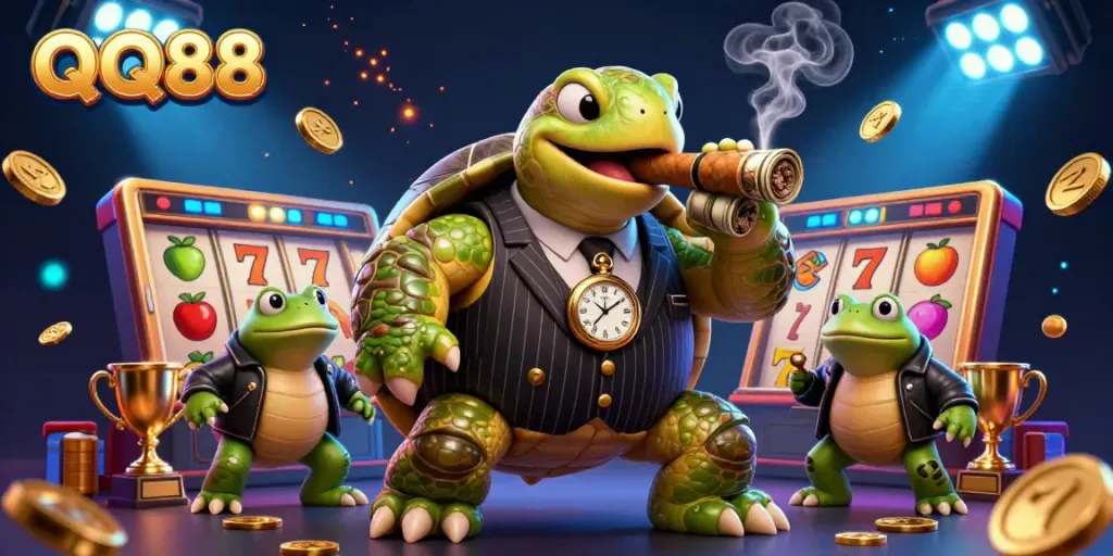 Experience thrilling gaming with QQ88 in this vibrant scene full of slot elements and animated characters.