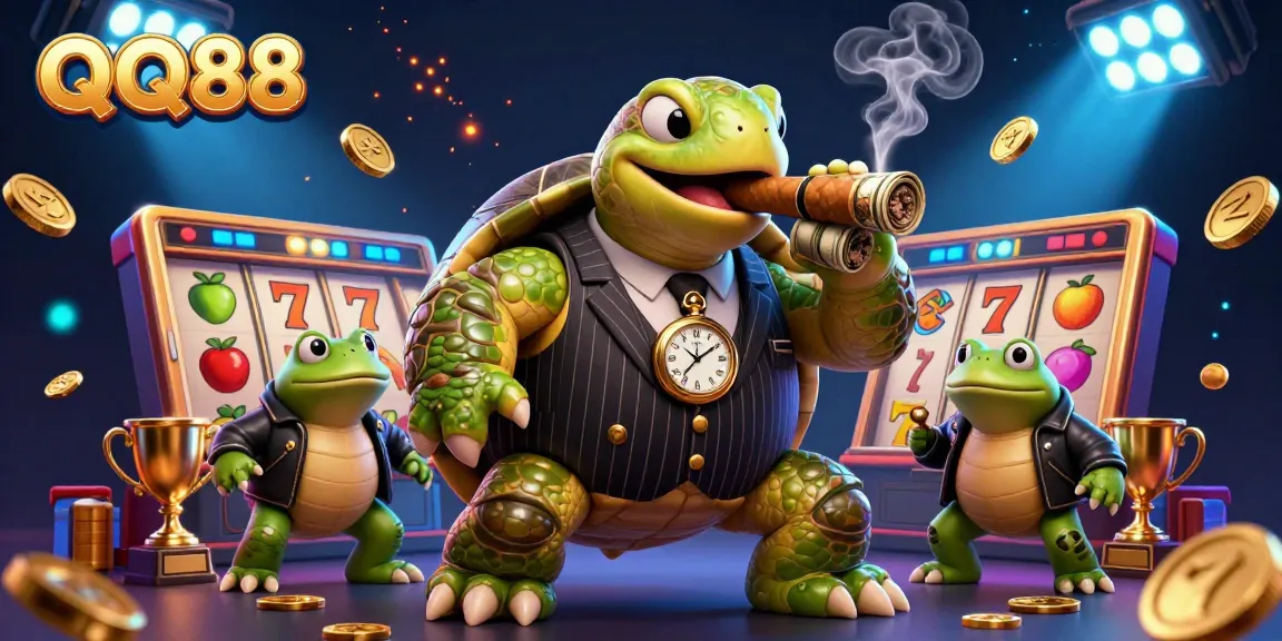 Experience thrilling gaming with QQ88 in this vibrant scene full of slot elements and animated characters.