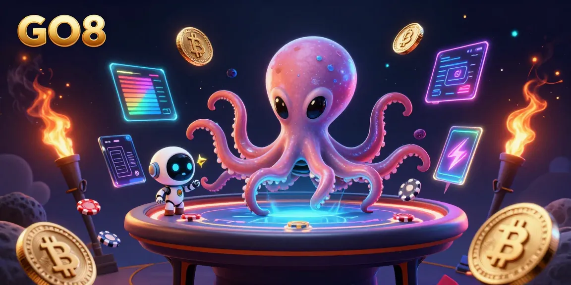 Engage with GO8 at a cosmic poker game with an alien octopus, showcasing unique gameplay elements.