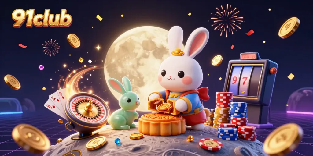 Engage with 91club's vibrant gaming world featuring animated characters, coins, and dynamic casino elements.