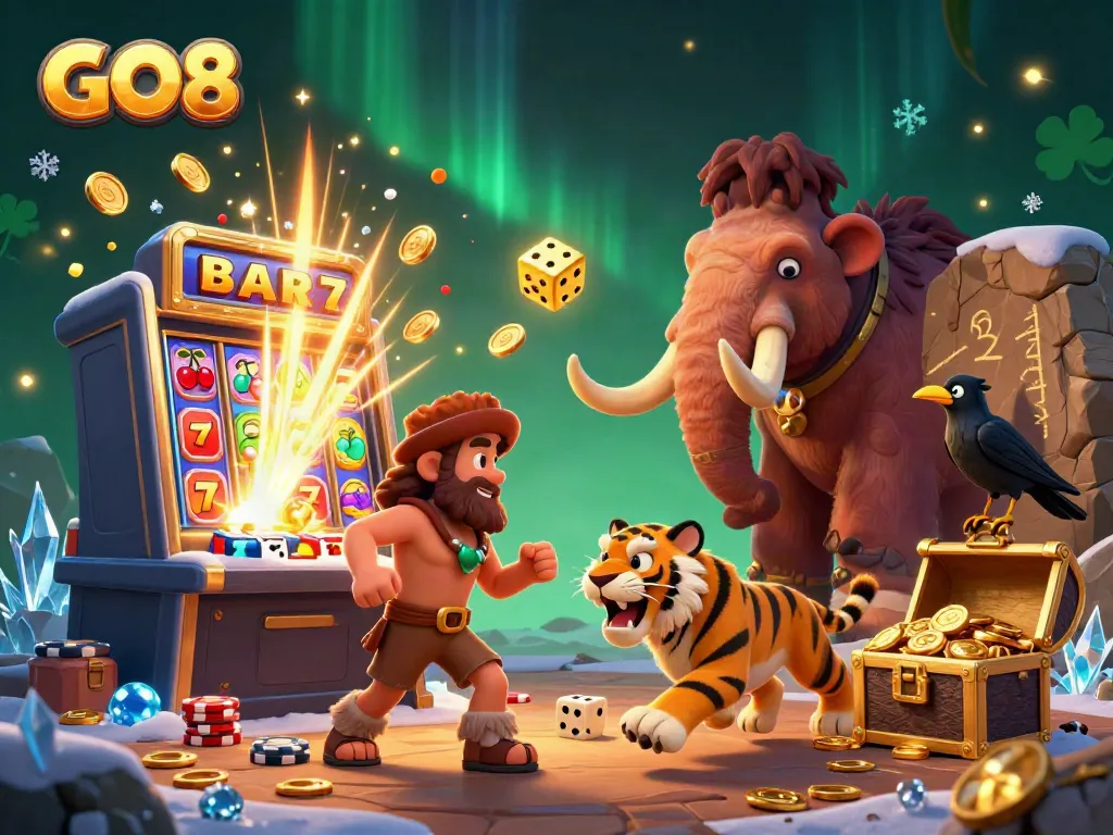Engage in thrilling gameplay with GO8, featuring a lively prehistoric casino setting with dynamic characters and immersive elements.