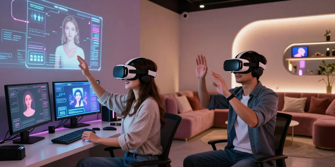 AI sex technology experience with individuals using VR headsets in a modern studio