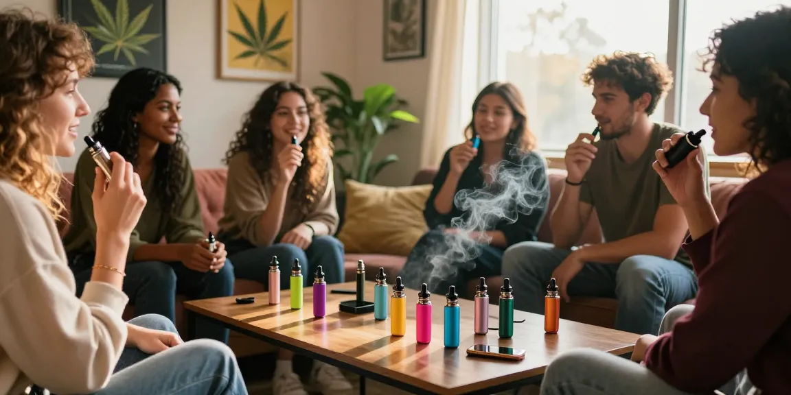 Group enjoying thc vapes in a cozy lounge with stylish decor.