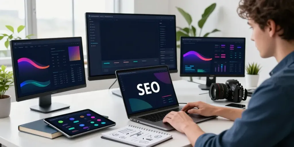 Marketer analyzing instant indexing strategies with multiple monitors in a modern digital workspace.