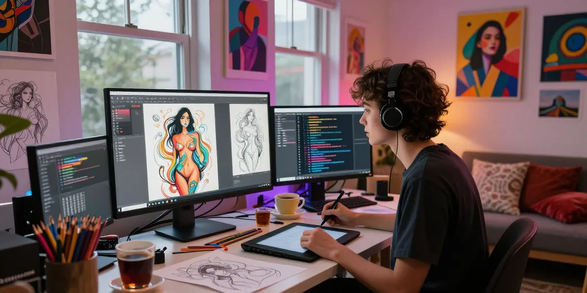Creating 18+ ai digital art in a vibrant studio with sketches and tools.