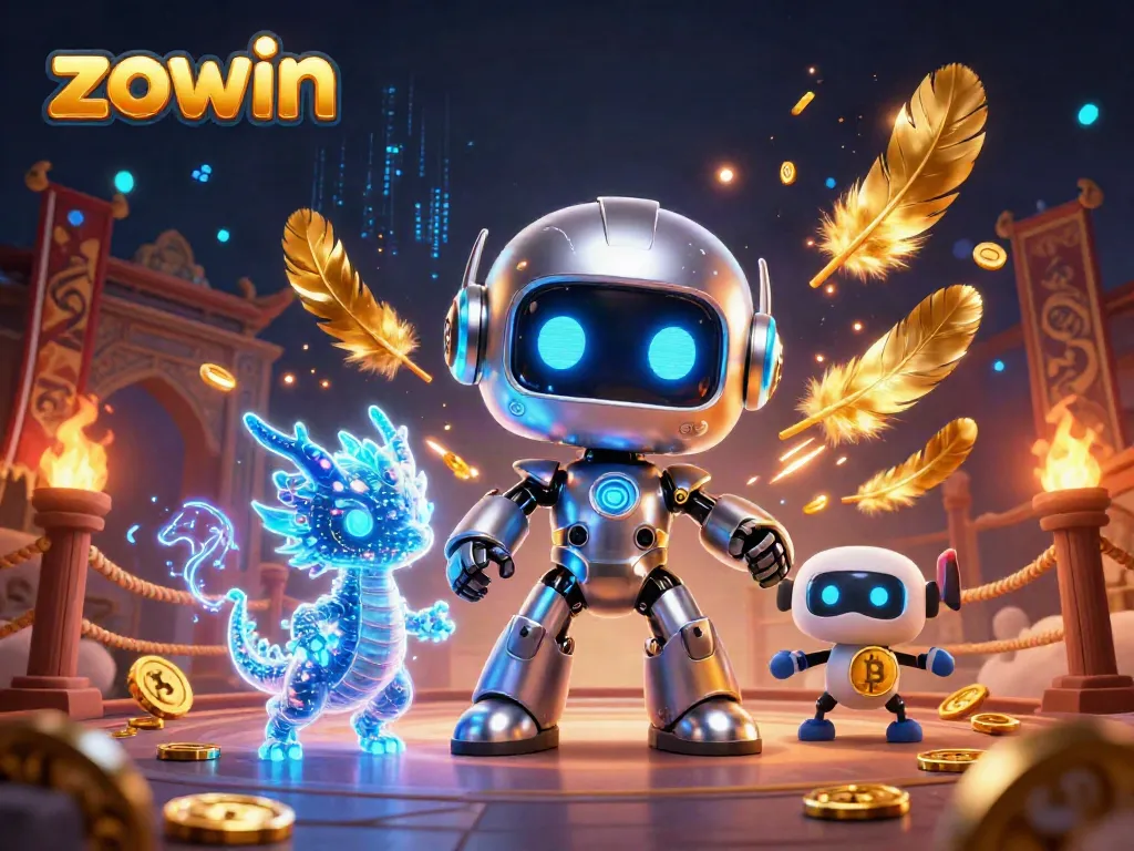 Experience the excitement of Zowin with a dynamic scene featuring a cyberpunk robot and casino elements.