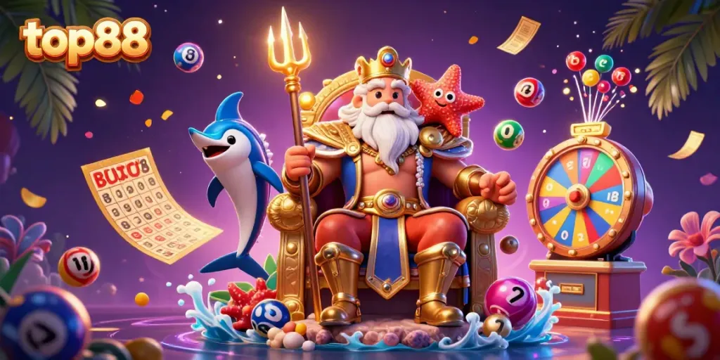 Experience excitement with top88, featuring Neptune and casino elements in vibrant 3D illustration.