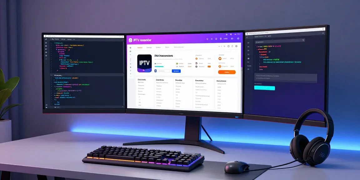 IPTV reseller panel dashboard with advanced software tools in a modern tech workspace.