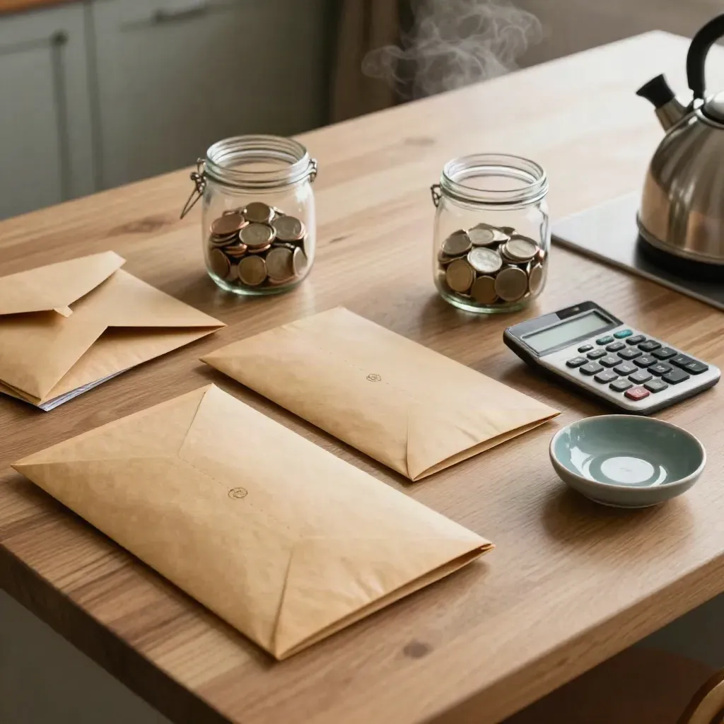 Top-down kitchen island with sealed envelopes, coin jar, closed calculator and steam