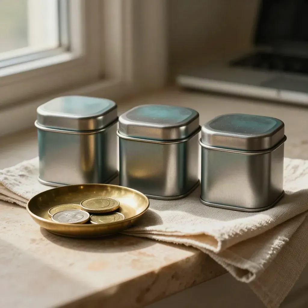 Savings tins, brass tray, and closed notebook under linen in soft daylight.