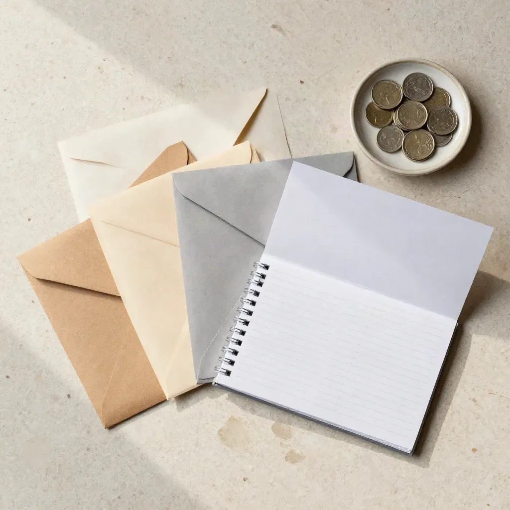 Top-down budgeting envelopes, coin dish and face-down planner on travertine stone.