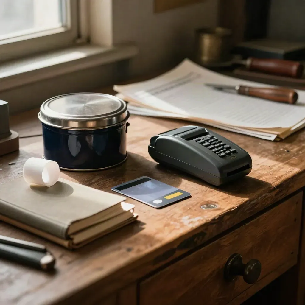 Cash tin, card reader, receipt roll and notebook on a warm workshop counter in late afternoon light.