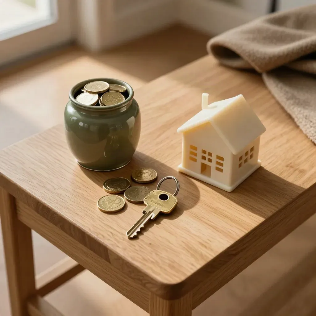 Mortgage prep items on a sunlit hallway bench: jar, keys, house model and box flap.