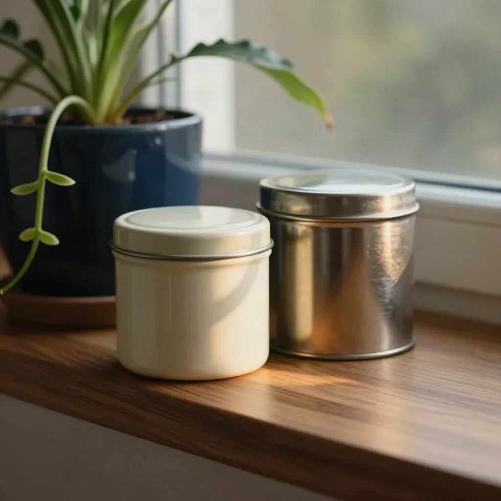 Two savings tins beside a plant on a sunlit windowsill, warm morning light and cozy finance mood.