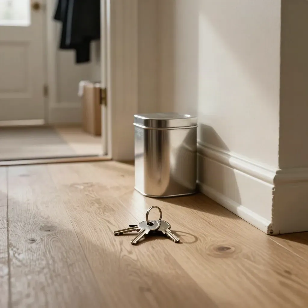 Keys, deposit tin, and moving box corner in a calm UK hallway