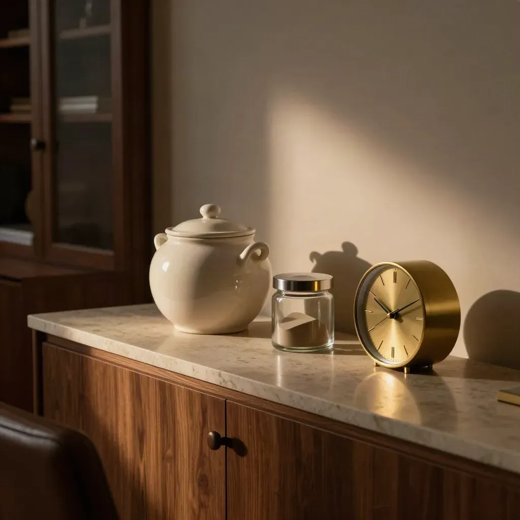 Dusk-lit wealth planning room with a pension pot, savings jar and brass clock on a stone sideboard.