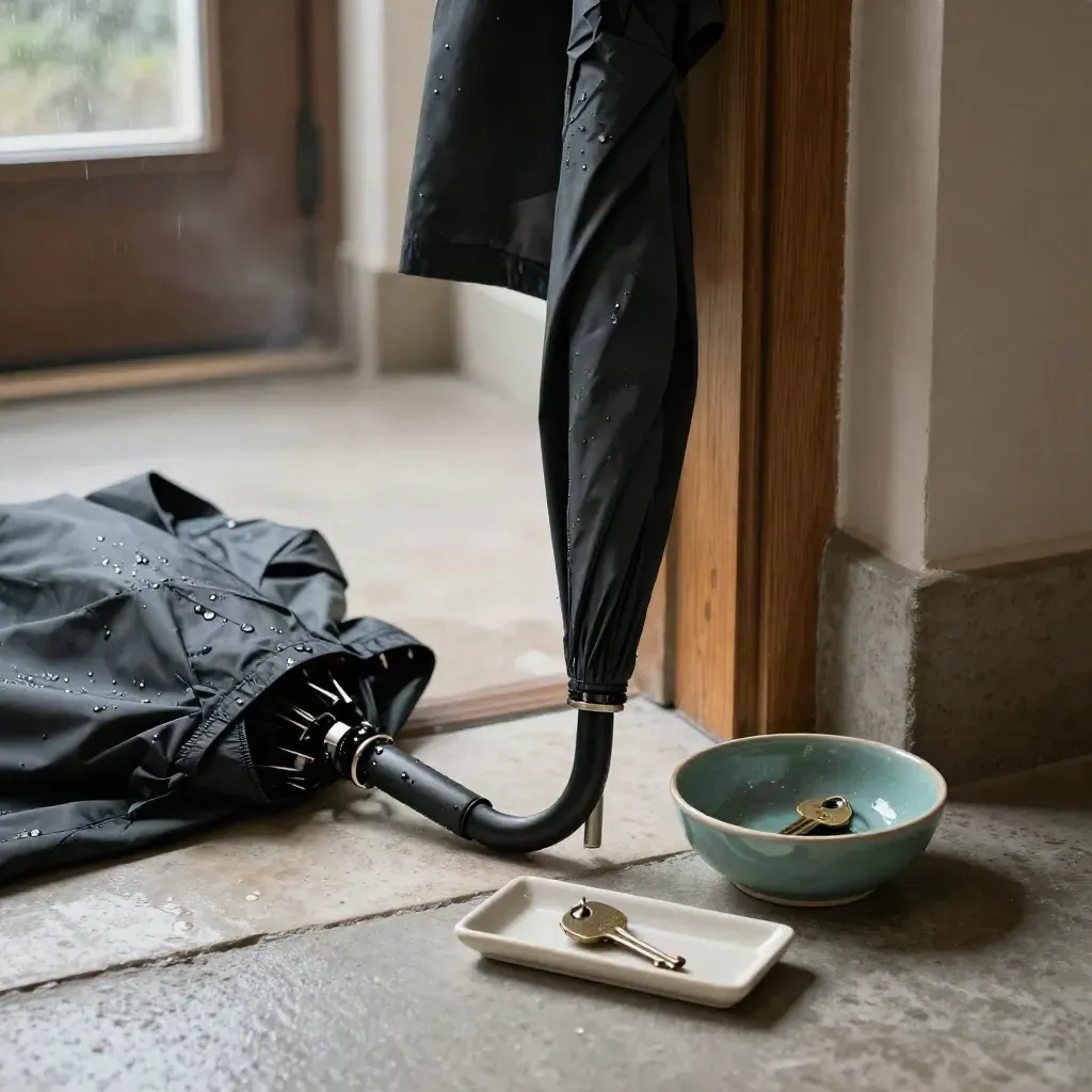 Raincoat, umbrella handle, key tray and bowl on a concrete hallway threshold in soft window light.