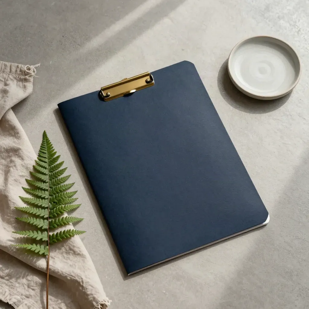 Overhead navy pension folder with fern, cloth, and ceramic dish on pale concrete.