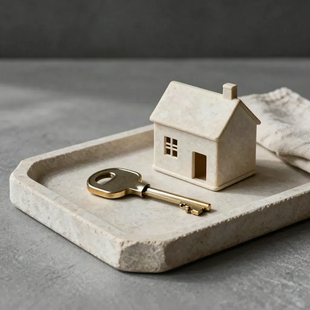 House key beside a tiny stone house model on a pale tray with linen, softly lit.