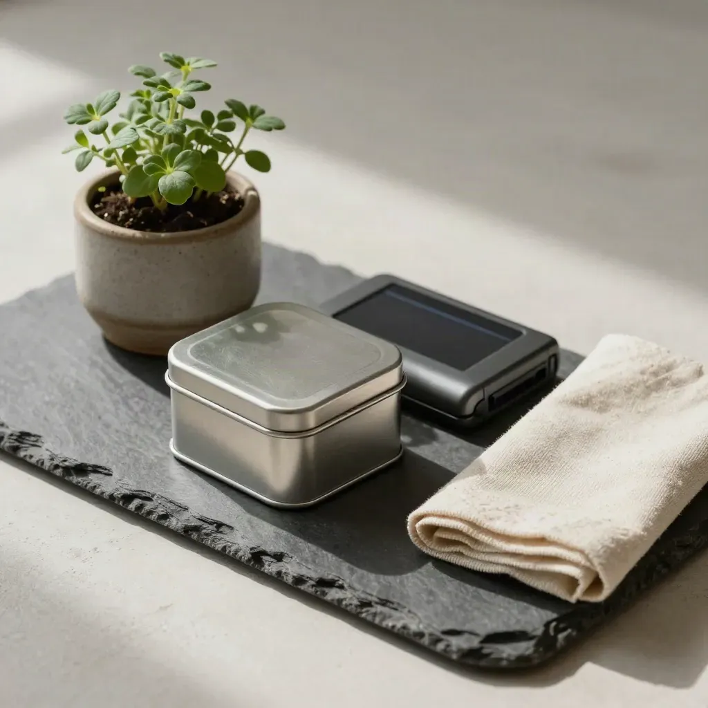 Brushed cash tin, card reader, herb, and folded napkin on a slate tray in soft daylight