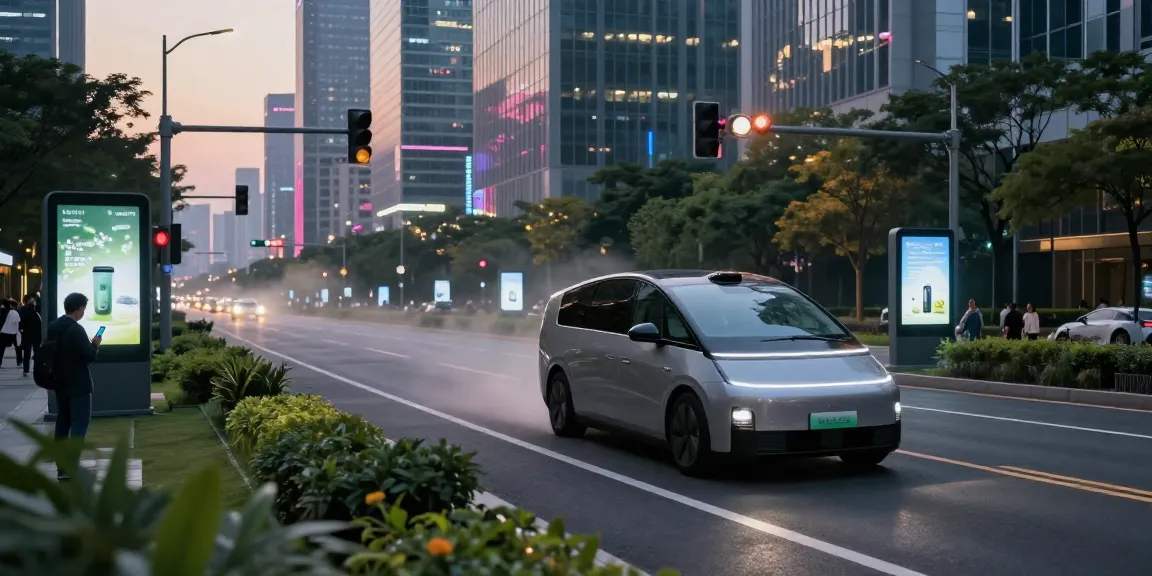 Autonomous driving vehicle navigating a futuristic city street illuminated by smart technology and greenery at dusk