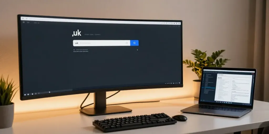 .uk domain search interface on modern developer workstation showcasing software development tools and tech gadgets.