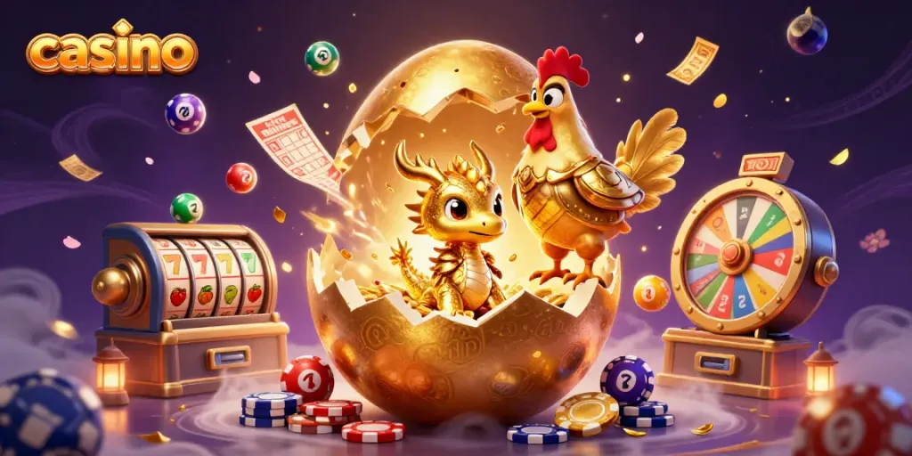 A vibrant casino scene showcasing a golden egg revealing a crystal baby dragon with poker chips, symbolizing luck and winnings.