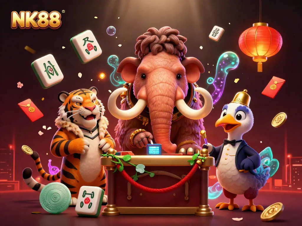 Experience the vibrant energy of NK88 with 3D gambling characters surrounded by festive game elements.