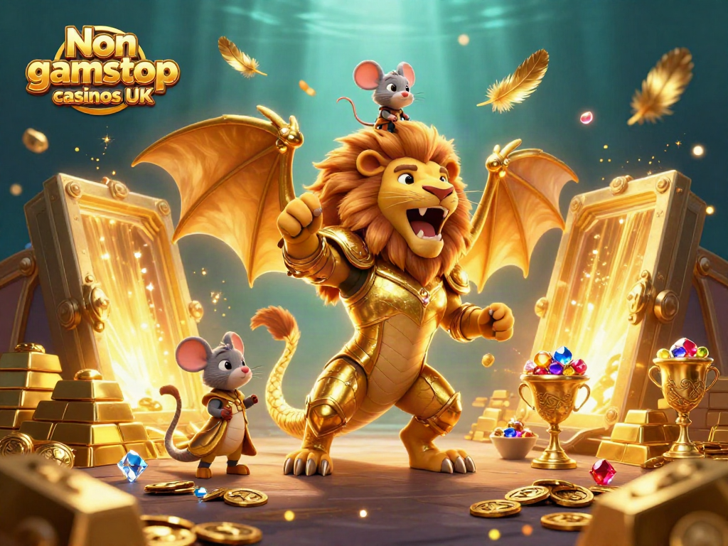 Engaging scene of Non gamstop casinos UK featuring a chimera and mouse jockey, surrounded by treasure.