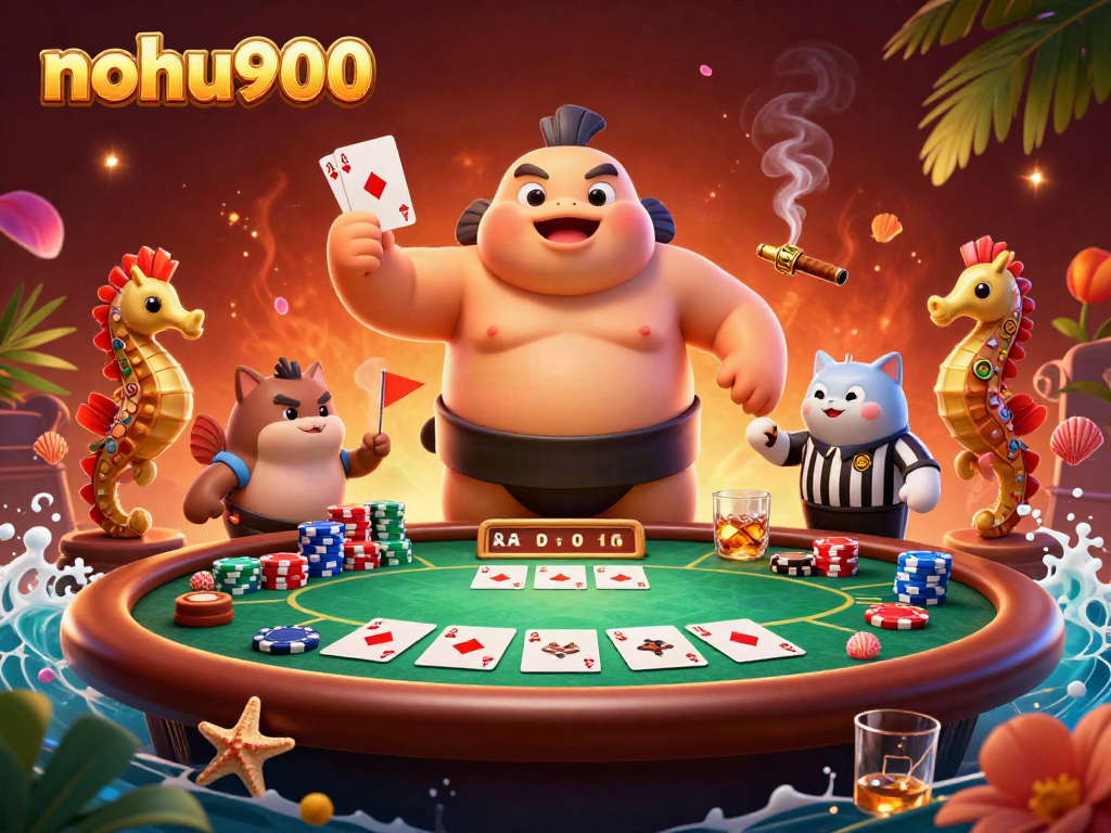 Experience the excitement of nohu900 with a vibrant underwater gambling scene featuring a sumo fugu, wise catfish, and poker action.