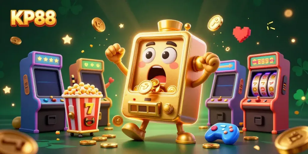 KP88 slots jackpot winning scene with a surprised golden slot machine and cheering companions.