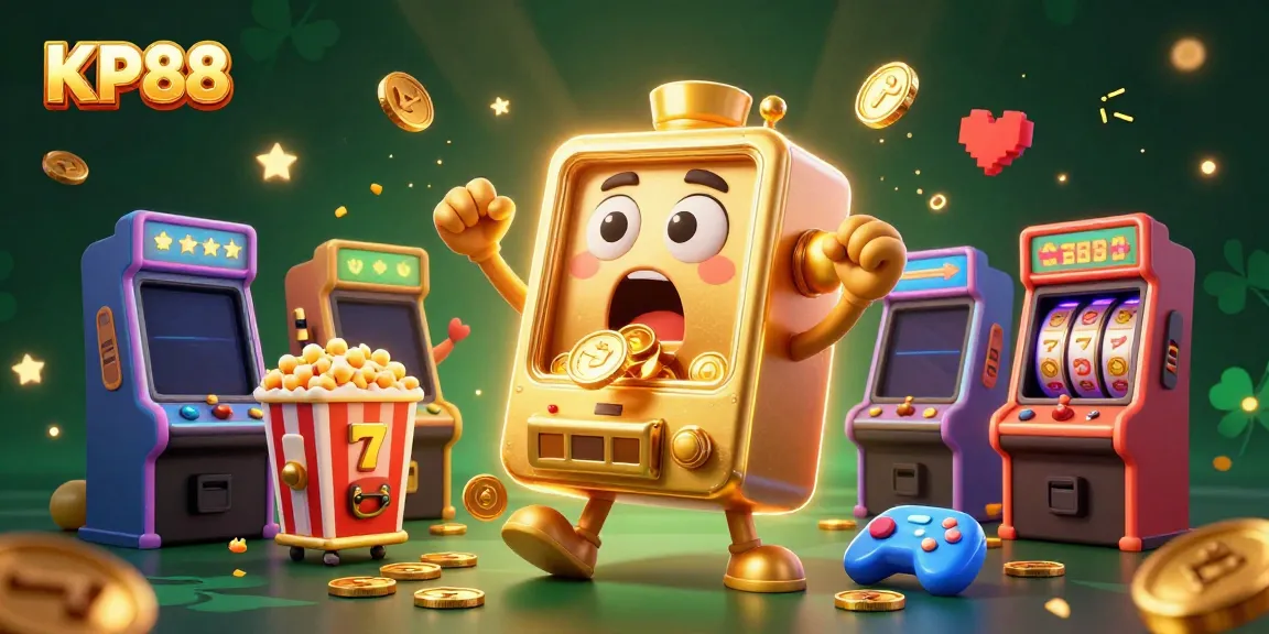 KP88 slots jackpot winning scene with a surprised golden slot machine and cheering companions.