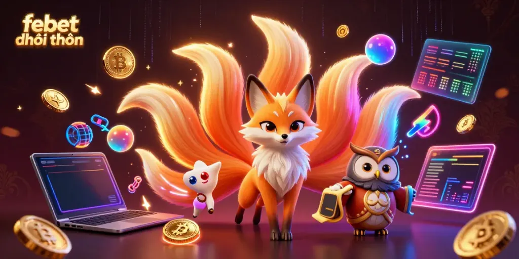 Experience the excitement of febet đổi thưởng with vibrant characters and glowing elements in this detailed 3D illustration.