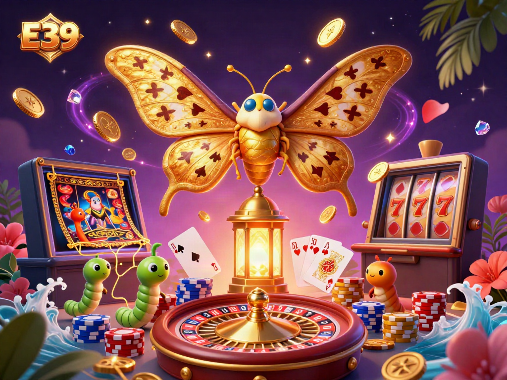 E39 Casino Scene: Bet big with dazzling slots, vibrant cards, and golden treasures amid a magical backdrop.