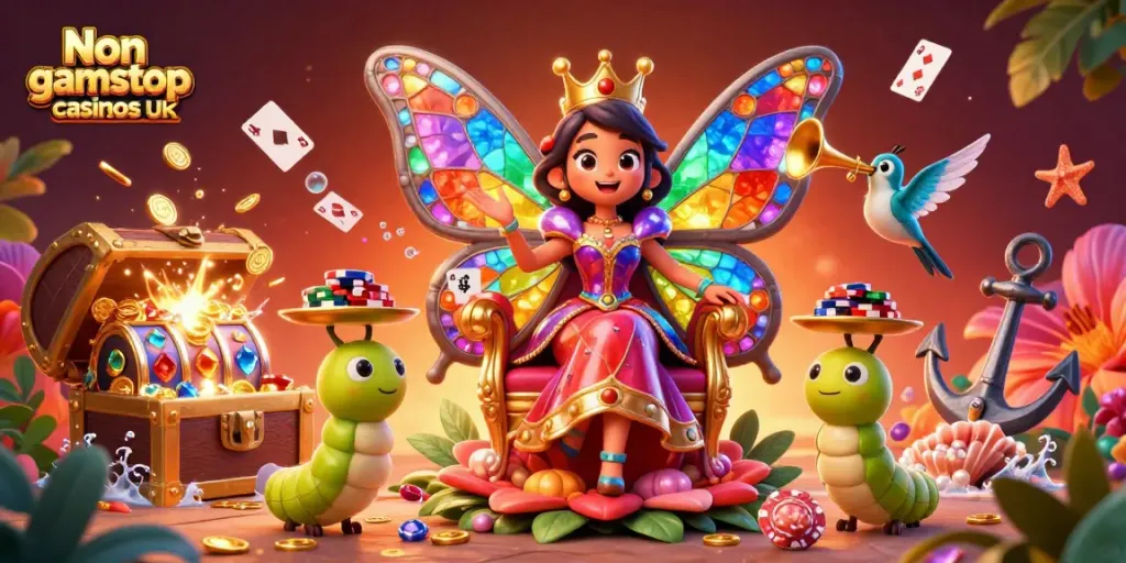 Experience the magic of Non gamstop casinos UK with vibrant characters and dynamic casino elements.